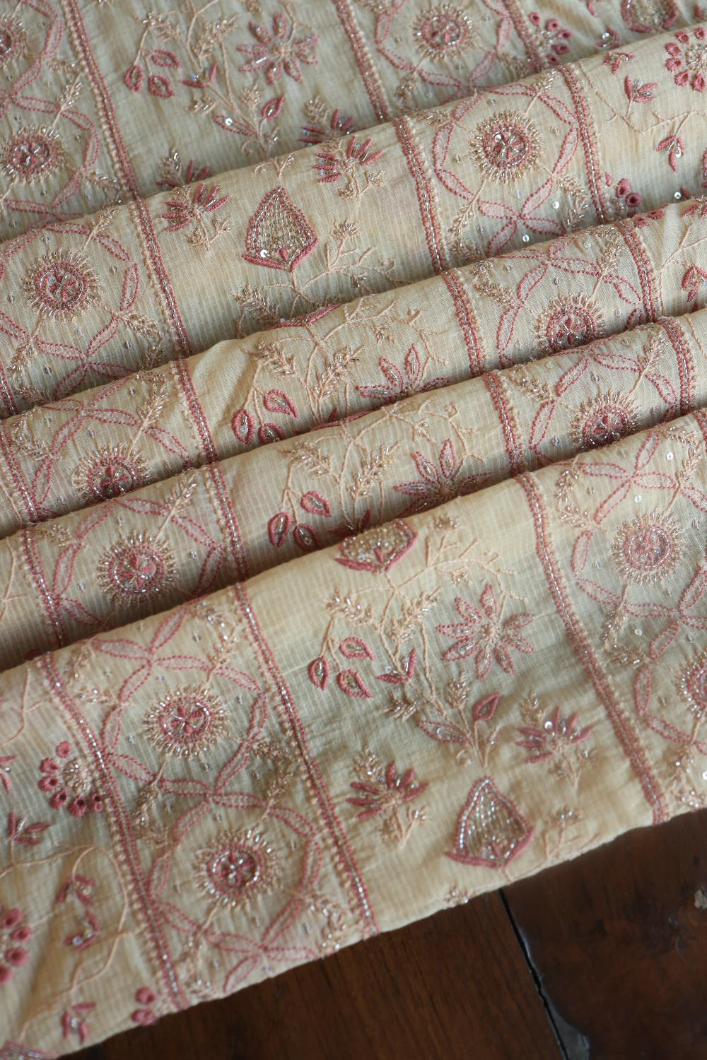 Light Beige Mal Chanderi Silk Chikankari With Sequins Unstitched Kurta Dupatta Set