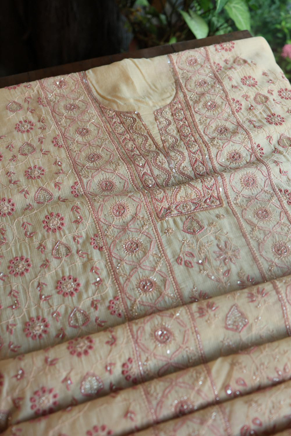 Light Beige Mal Chanderi Silk Chikankari With Sequins Unstitched Kurta Dupatta Set