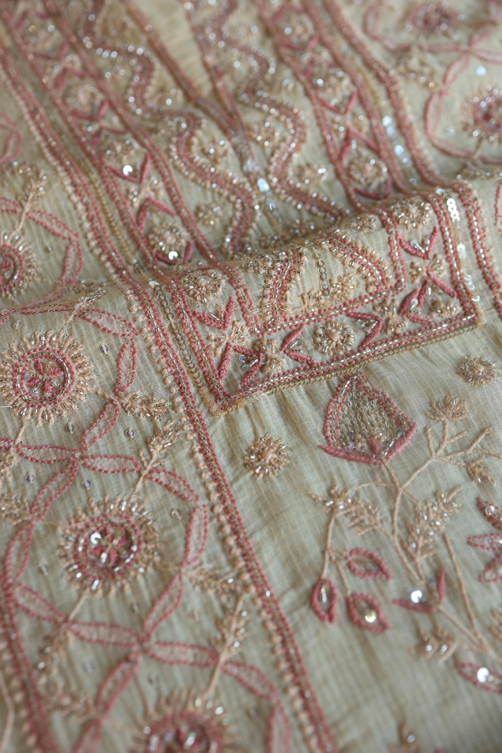 Light Beige Mal Chanderi Silk Chikankari With Sequins Unstitched Kurta Dupatta Set