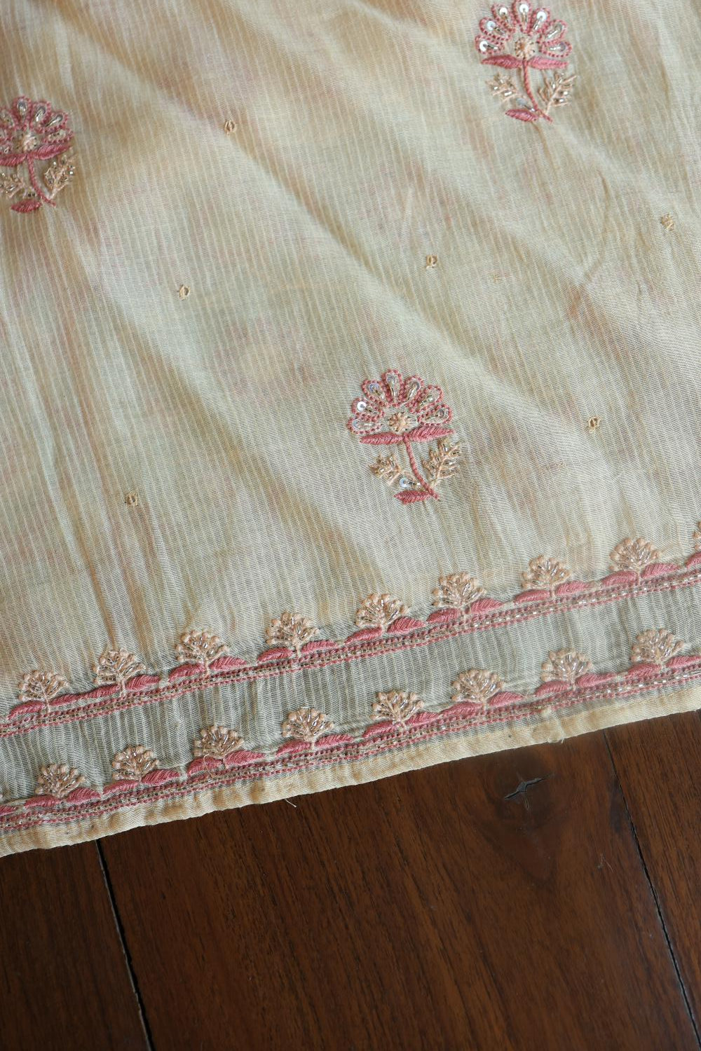 Light Beige Mal Chanderi Silk Chikankari With Sequins Unstitched Kurta Dupatta Set