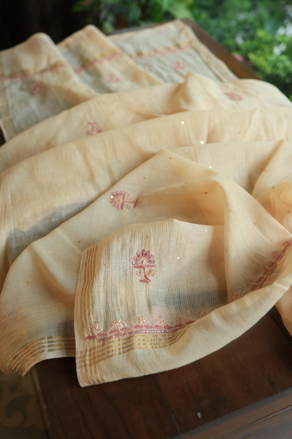 Light Beige Mal Chanderi Silk Chikankari With Sequins Unstitched Kurta Dupatta Set