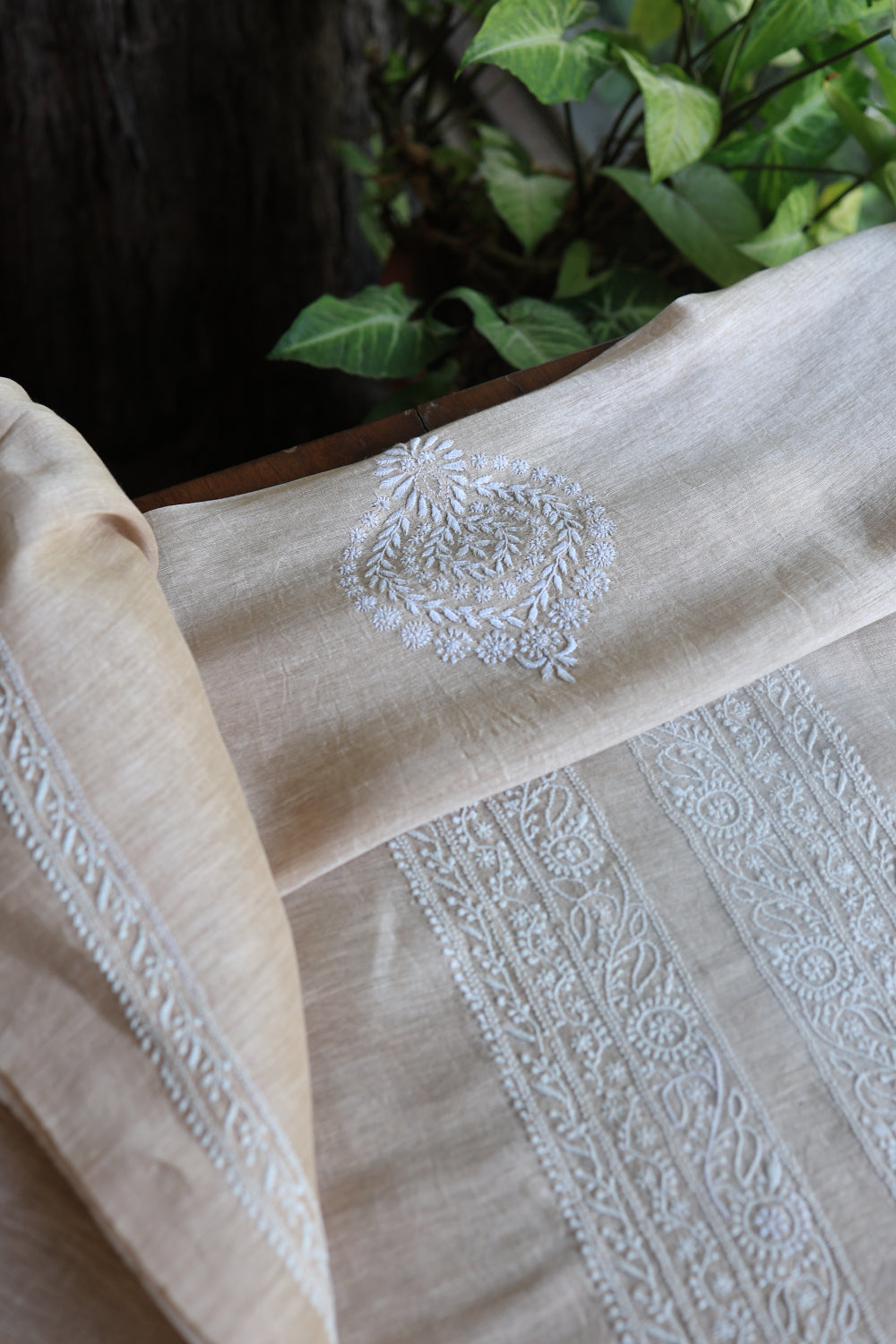Light Beige Linen Chikankari Unstitched Men's Kurtas Fabric