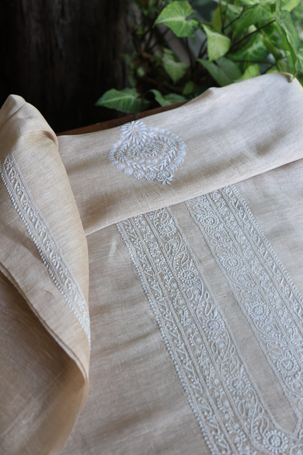 Light Beige Linen Chikankari Unstitched Men's Kurtas Fabric