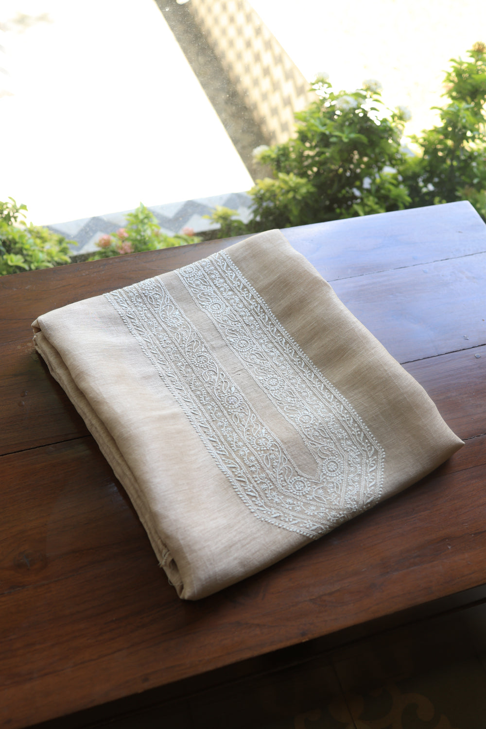 Light Beige Linen Chikankari Unstitched Men's Kurtas Fabric