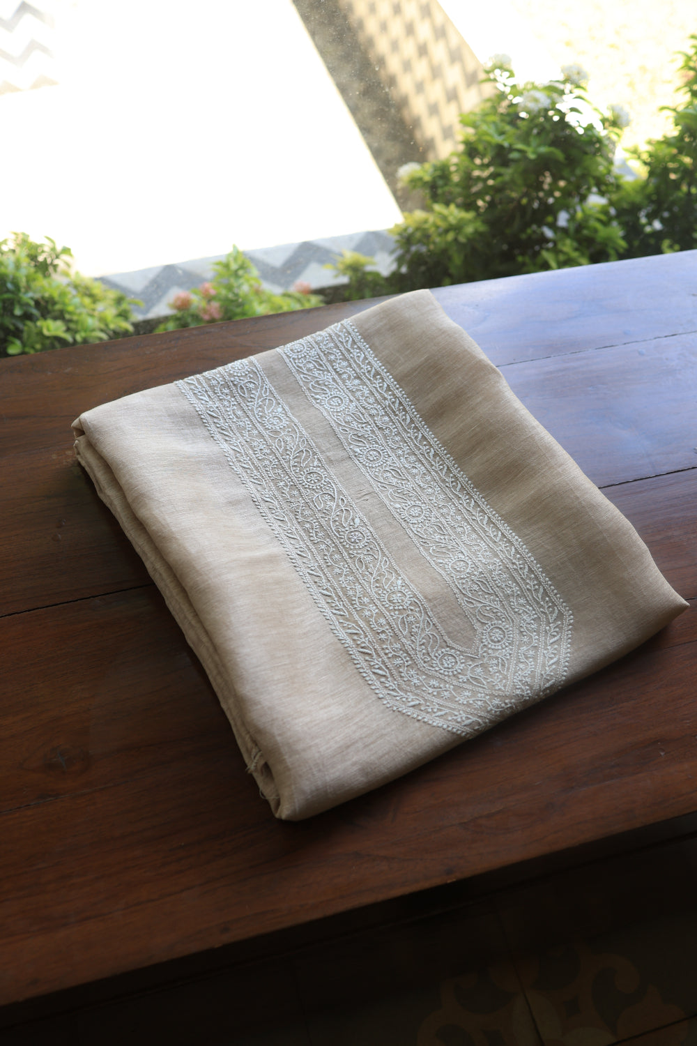 Light Beige Linen Chikankari Unstitched Men's Kurtas Fabric