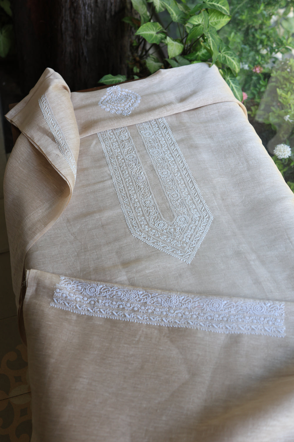 Light Beige Linen Chikankari Unstitched Men's Kurtas Fabric