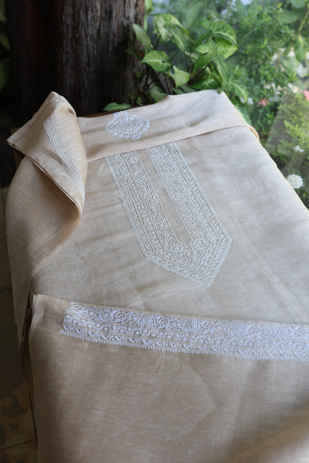 Light Beige Linen Chikankari Unstitched Men's Kurtas Fabric