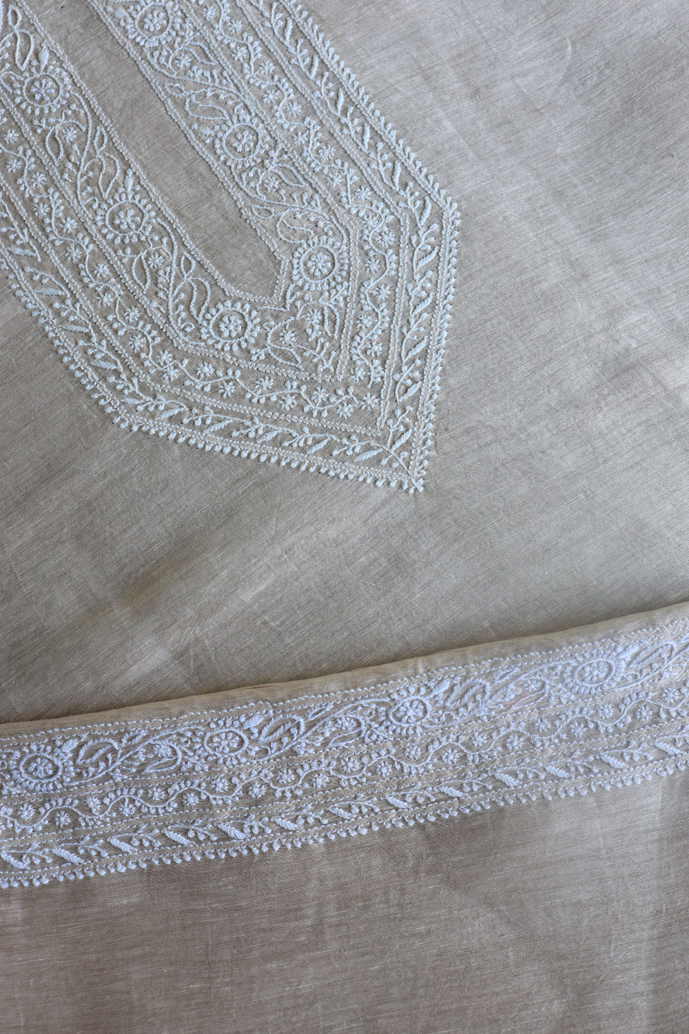 Light Beige Linen Chikankari Unstitched Men's Kurtas Fabric