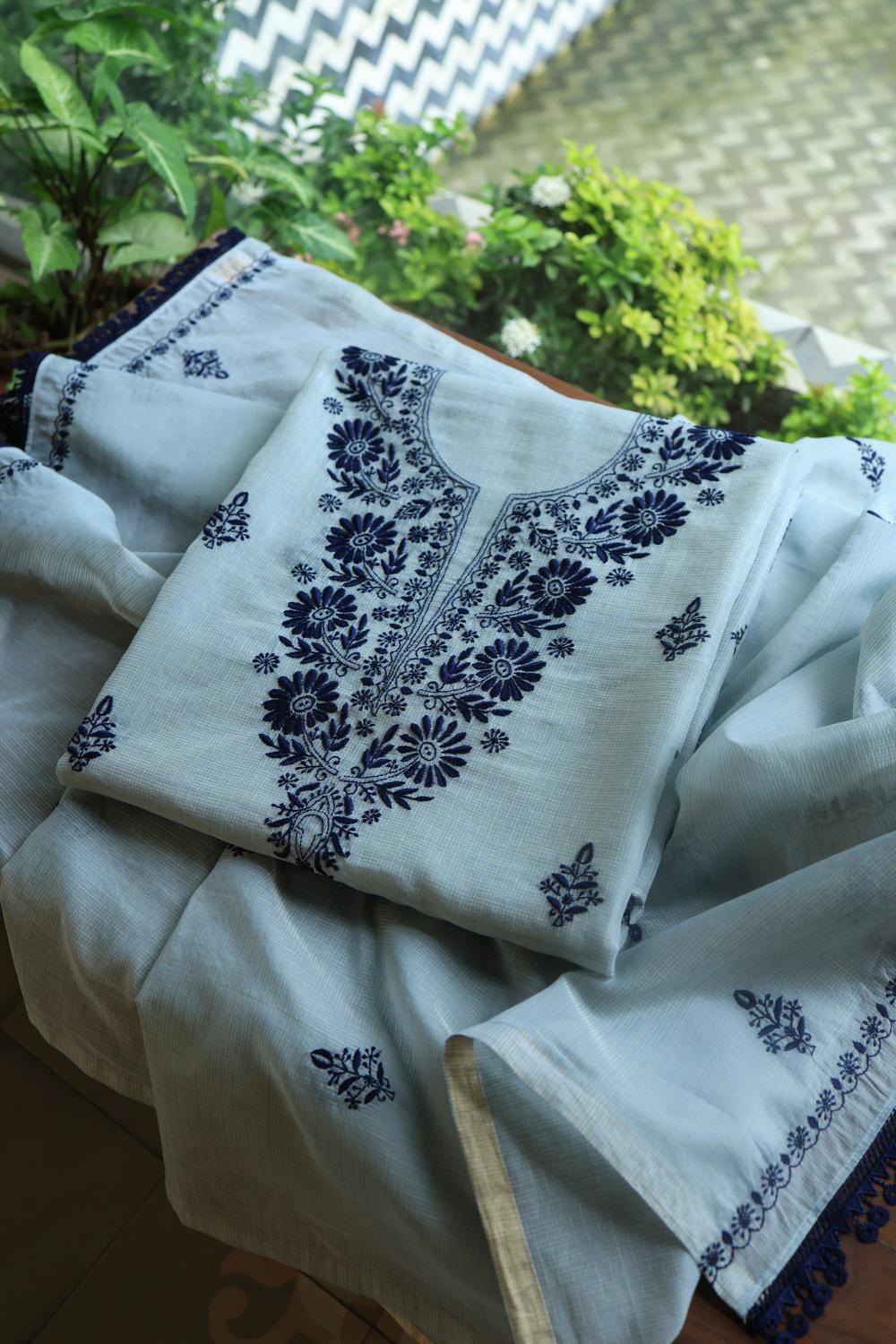 Light Blue Kota Chikankari Unstitched Fabric