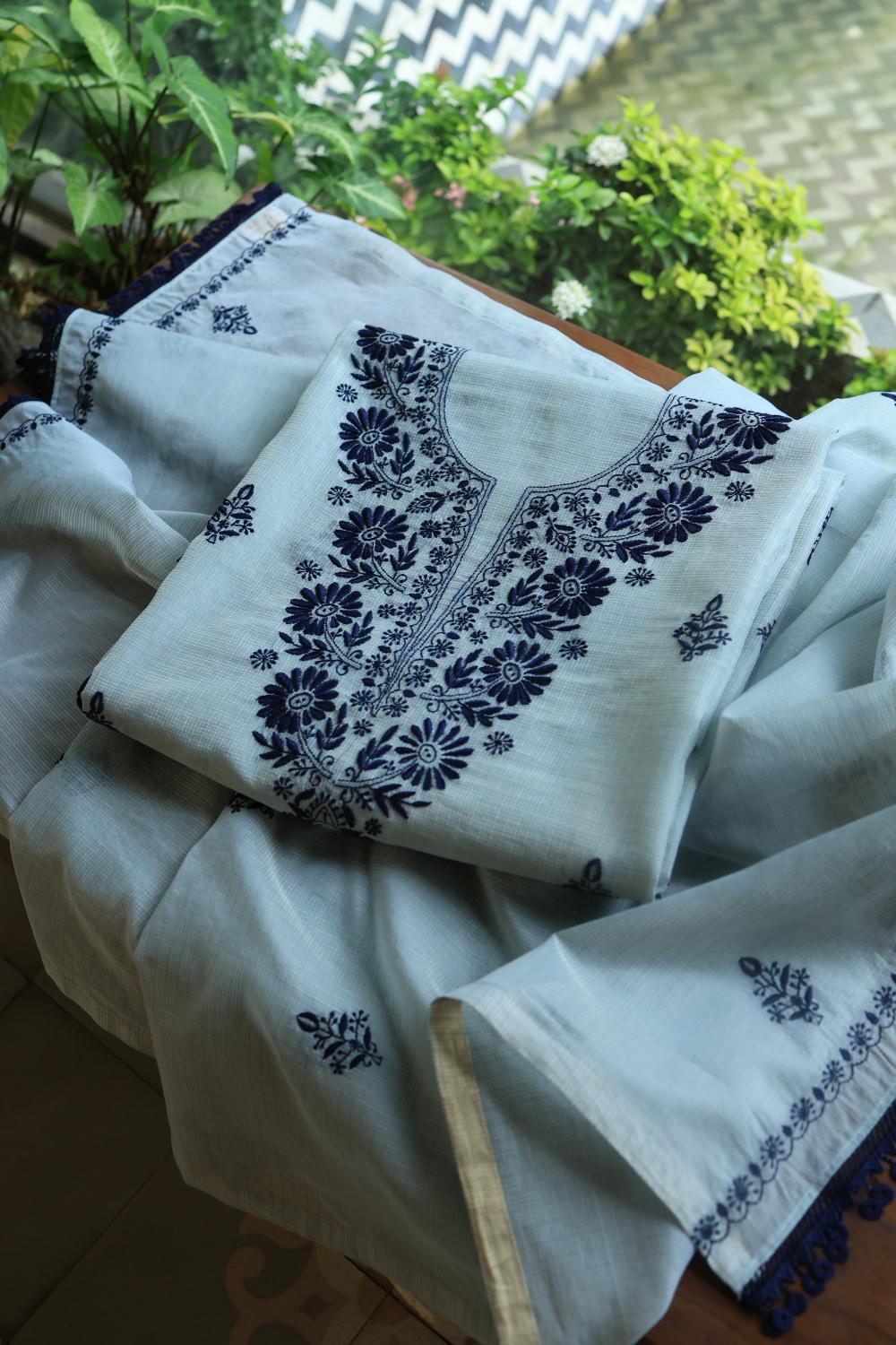 Light Blue Kota Chikankari Unstitched Fabric
