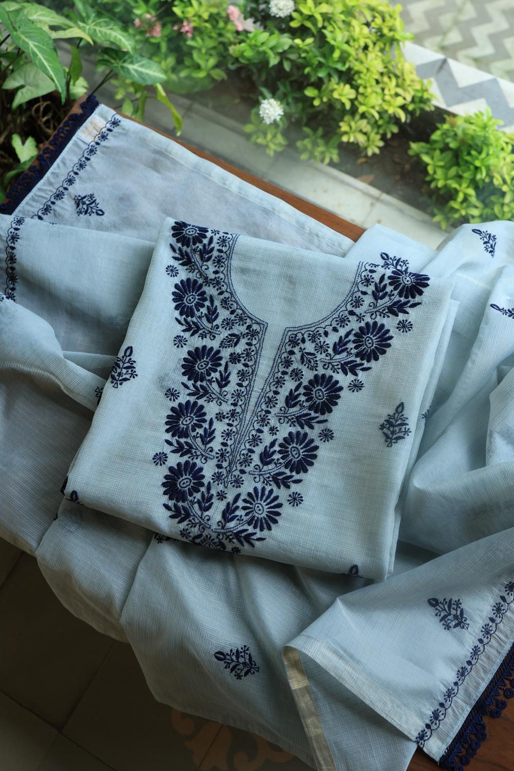 Light Blue Kota Chikankari Unstitched Fabric