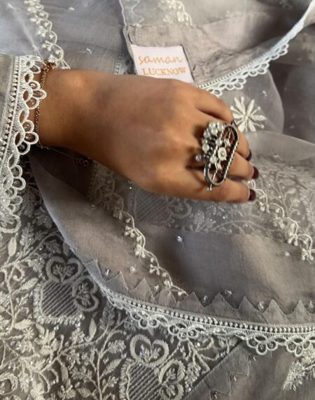 Lilac Grey Chikankari x Applique Organza Kurta Set