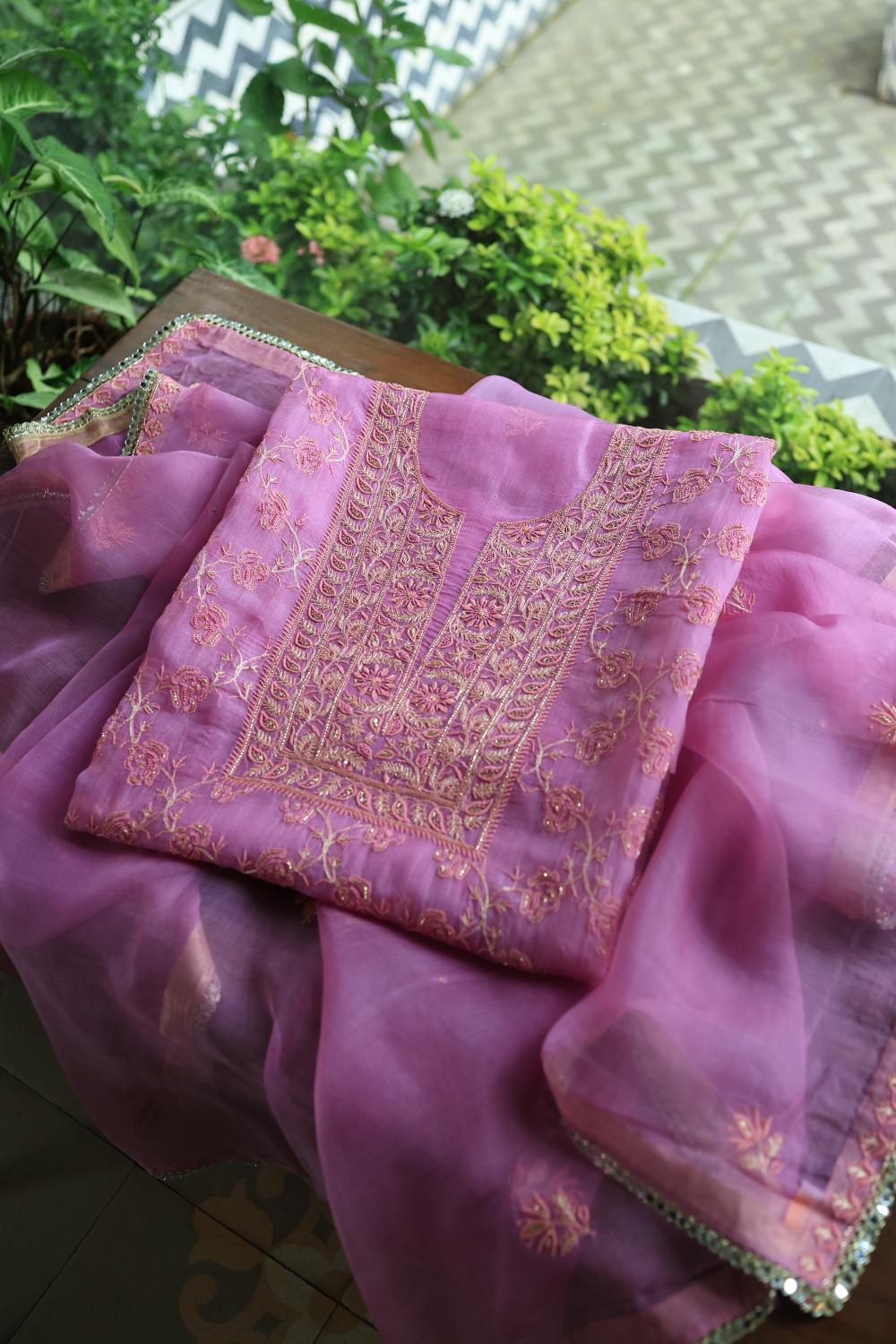 Lilac Shade Noor Organza Silk Chikankari Unstitched Kurta Dupatta Set