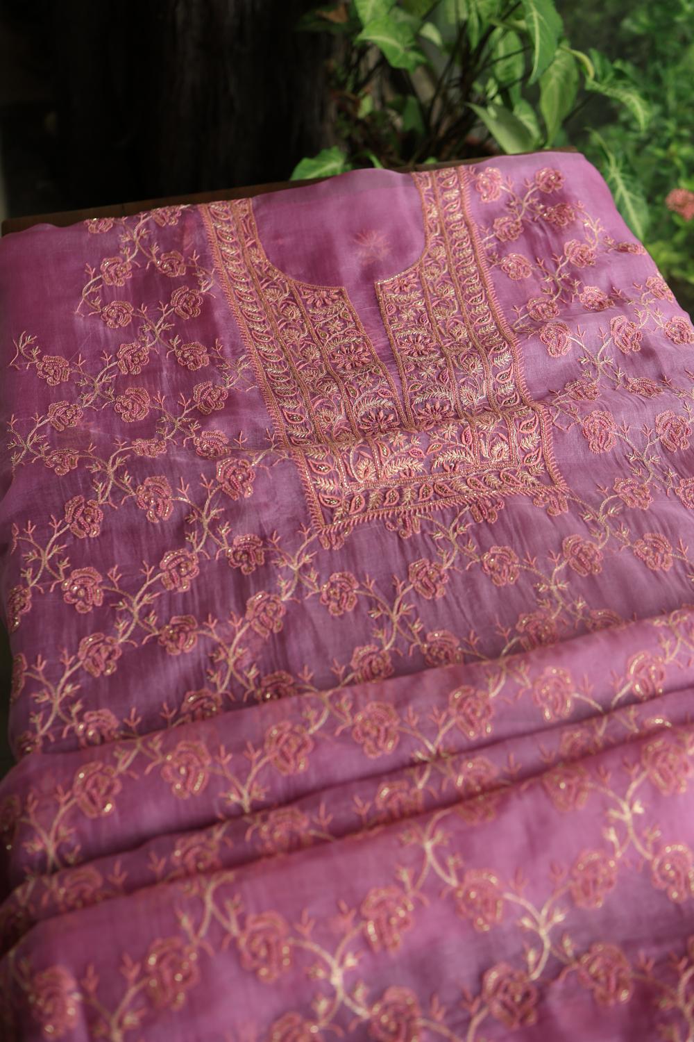Lilac Shade Noor Organza Silk Chikankari Unstitched Kurta Dupatta Set