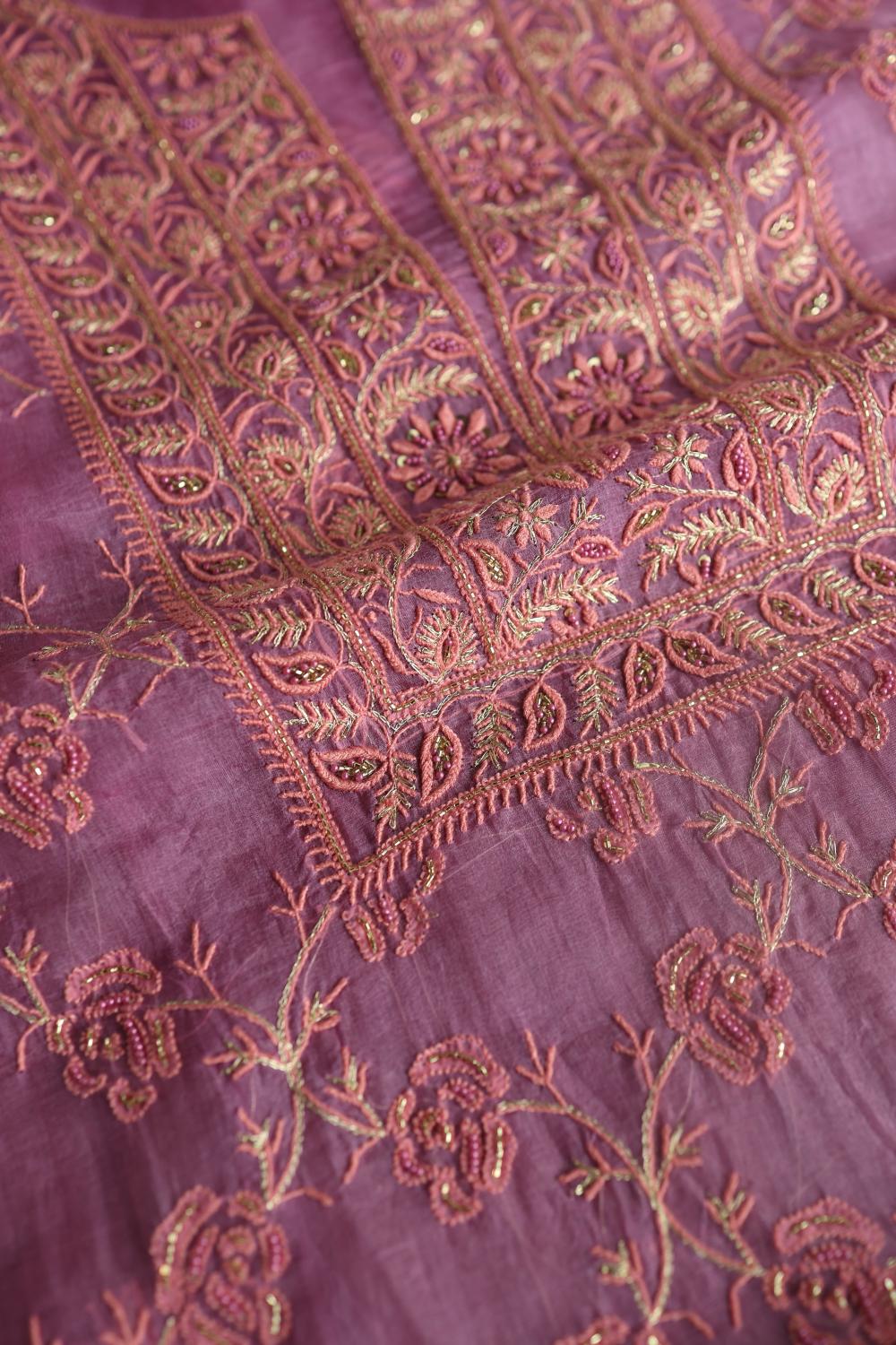 Lilac Shade Noor Organza Silk Chikankari Unstitched Kurta Dupatta Set