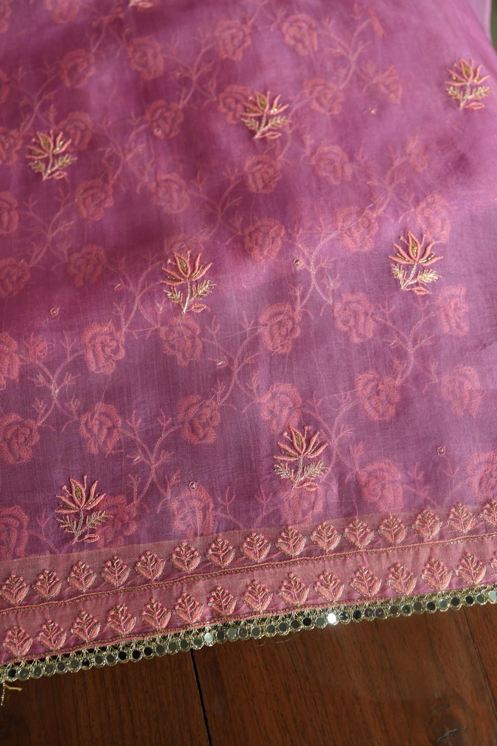 Lilac Shade Noor Organza Silk Chikankari Unstitched Kurta Dupatta Set
