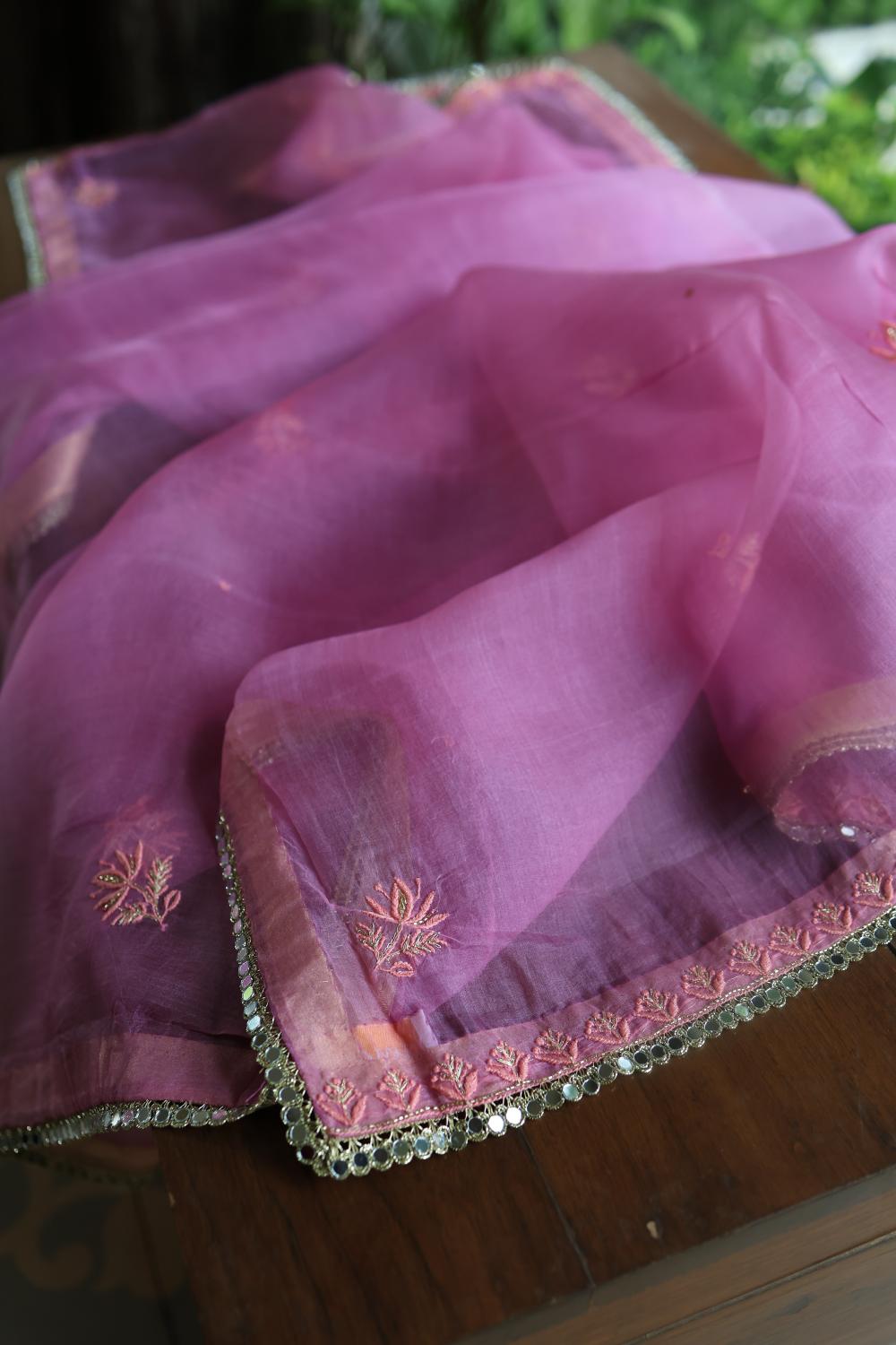 Lilac Shade Noor Organza Silk Chikankari Unstitched Kurta Dupatta Set
