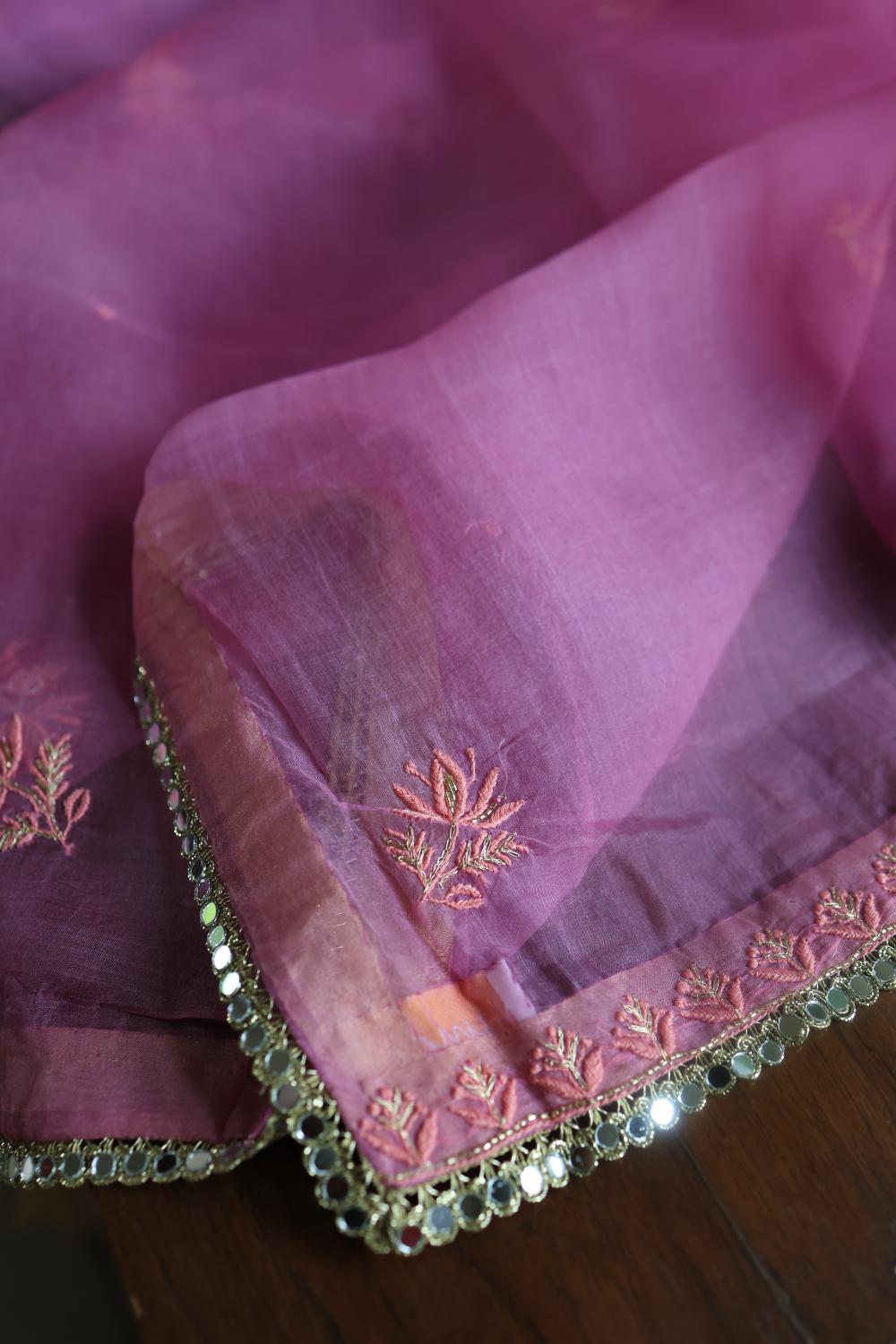 Lilac Shade Noor Organza Silk Chikankari Unstitched Kurta Dupatta Set