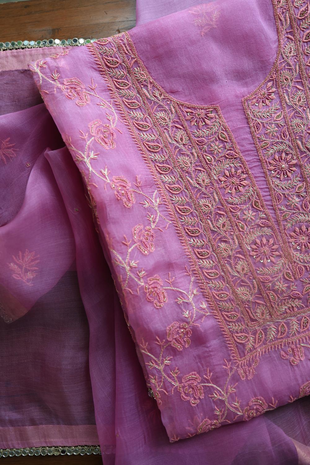 Lilac Shade Noor Organza Silk Chikankari Unstitched Kurta Dupatta Set