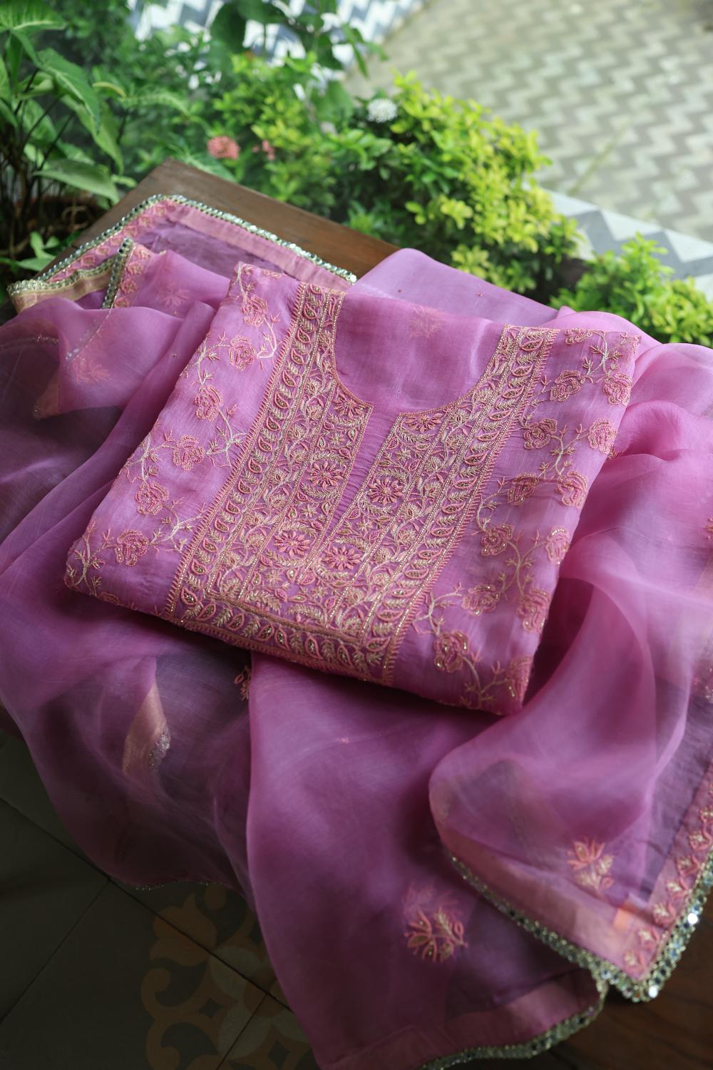 Lilac Shade Noor Organza Silk Chikankari Unstitched Kurta Dupatta Set