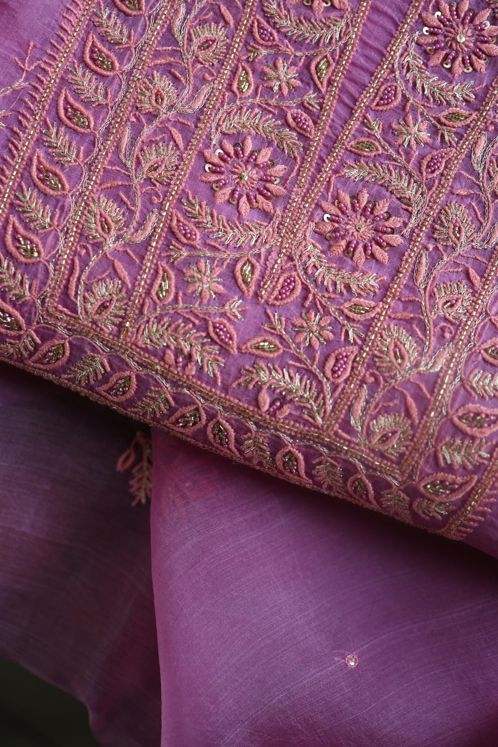 Lilac Shade Noor Organza Silk Chikankari Unstitched Kurta Dupatta Set