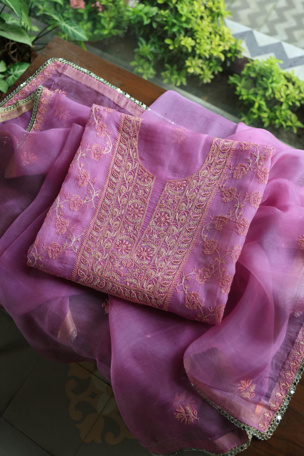 Lilac Shade Noor Organza Silk Chikankari Unstitched Kurta Dupatta Set
