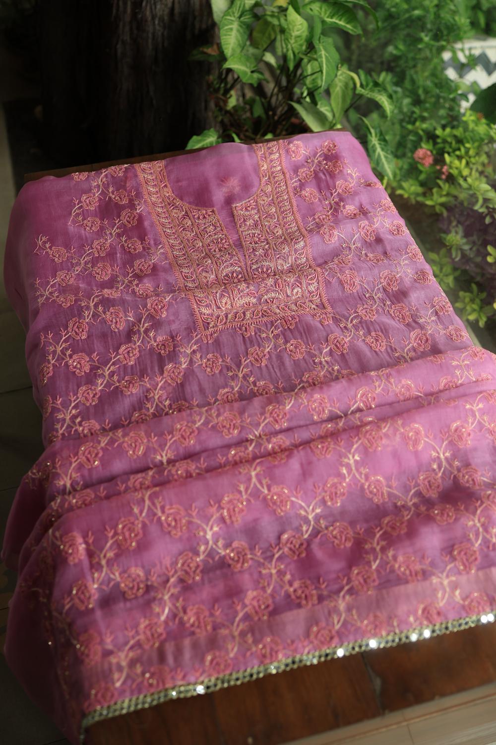 Lilac Shade Noor Organza Silk Chikankari Unstitched Kurta Dupatta Set