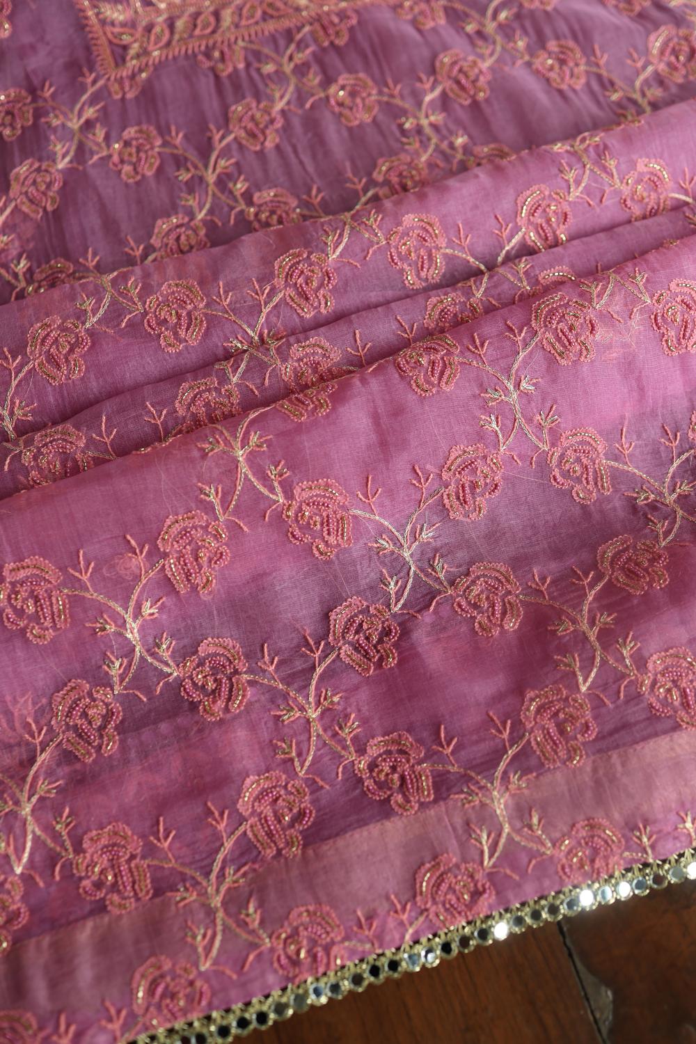 Lilac Shade Noor Organza Silk Chikankari Unstitched Kurta Dupatta Set