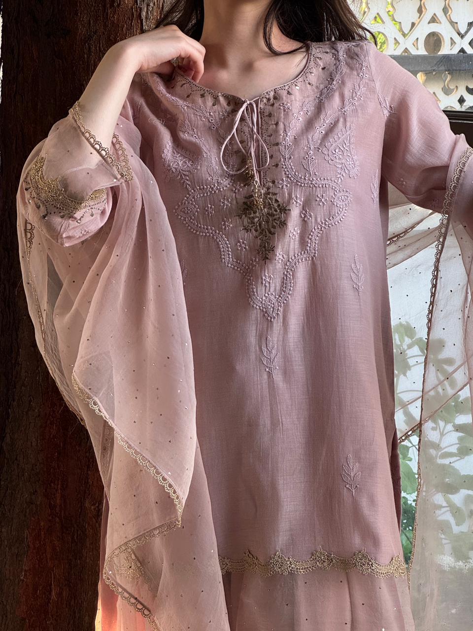 Lily Pink Satin Linen Farshi Sets With Chikankari & Kamdani