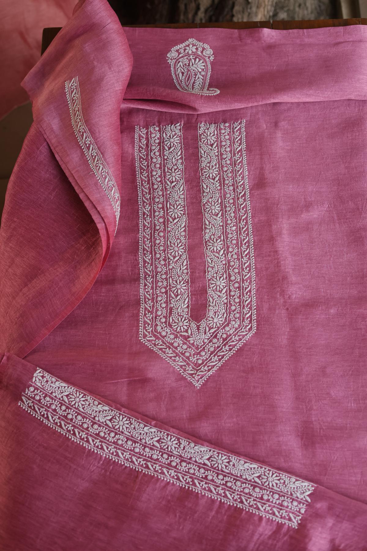 Dark Pink Linen Chikankari Unstitched Men's Kurtas Fabric