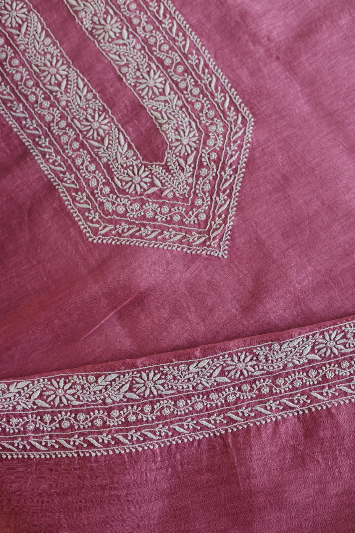 Dark Pink Linen Chikankari Unstitched Men's Kurtas Fabric