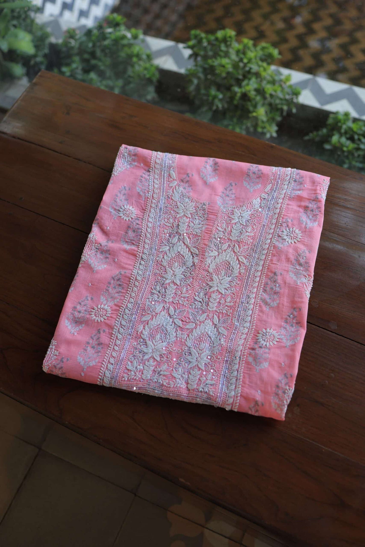 Lotus Pink Cotton Chikankari Unstitched Kurta Fabrics
