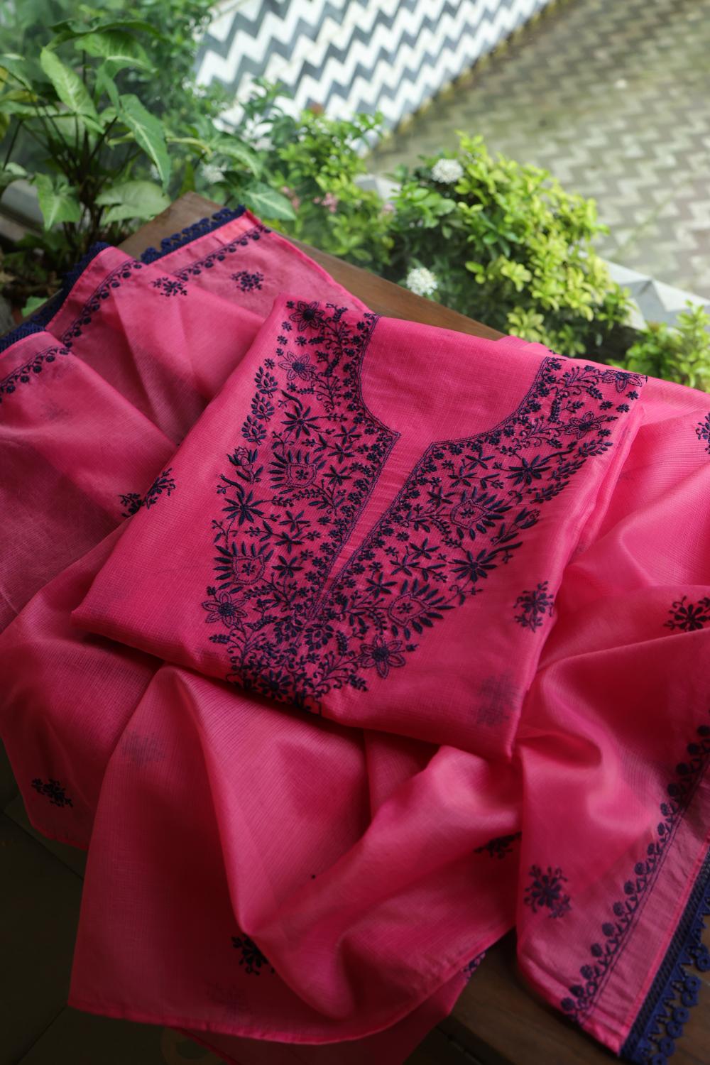 Magenta & Blue Kota Chikankari Unstitched Fabric