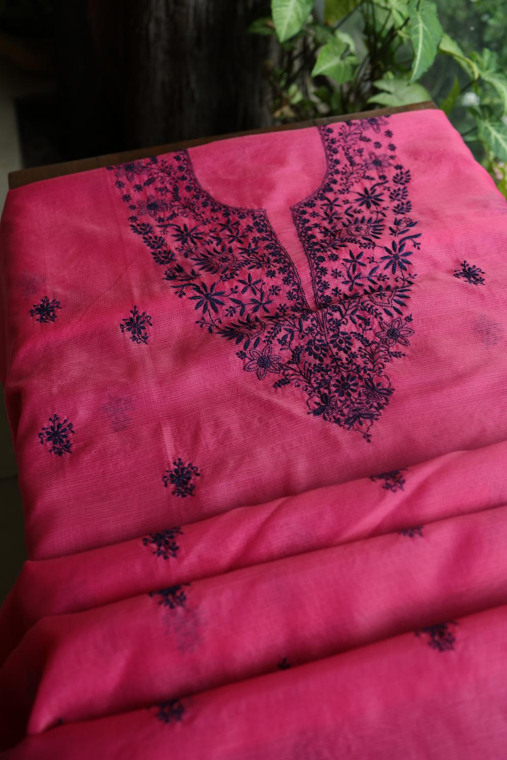 Magenta & Blue Kota Chikankari Unstitched Fabric