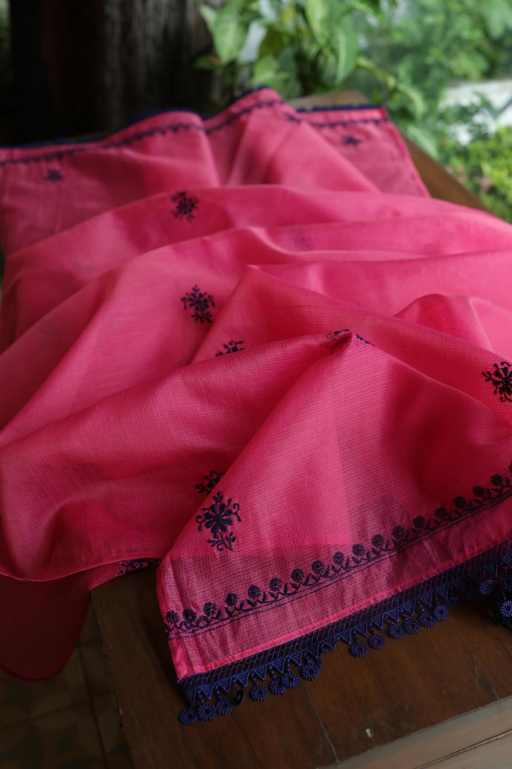 Magenta & Blue Kota Chikankari Unstitched Fabric