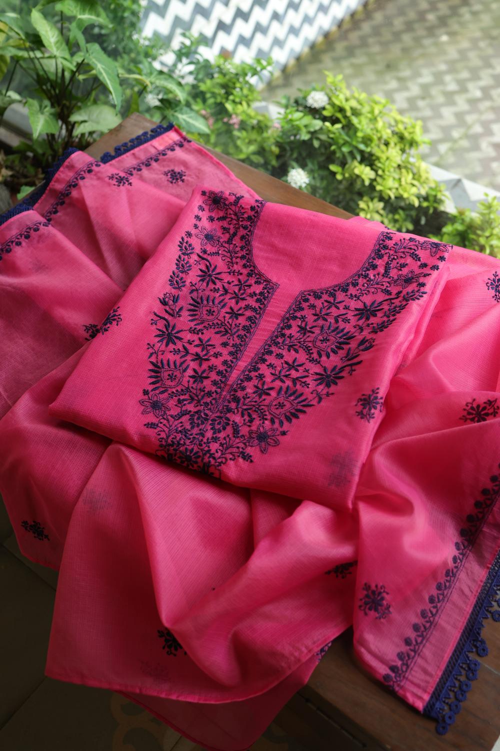 Magenta & Blue Kota Chikankari Unstitched Fabric