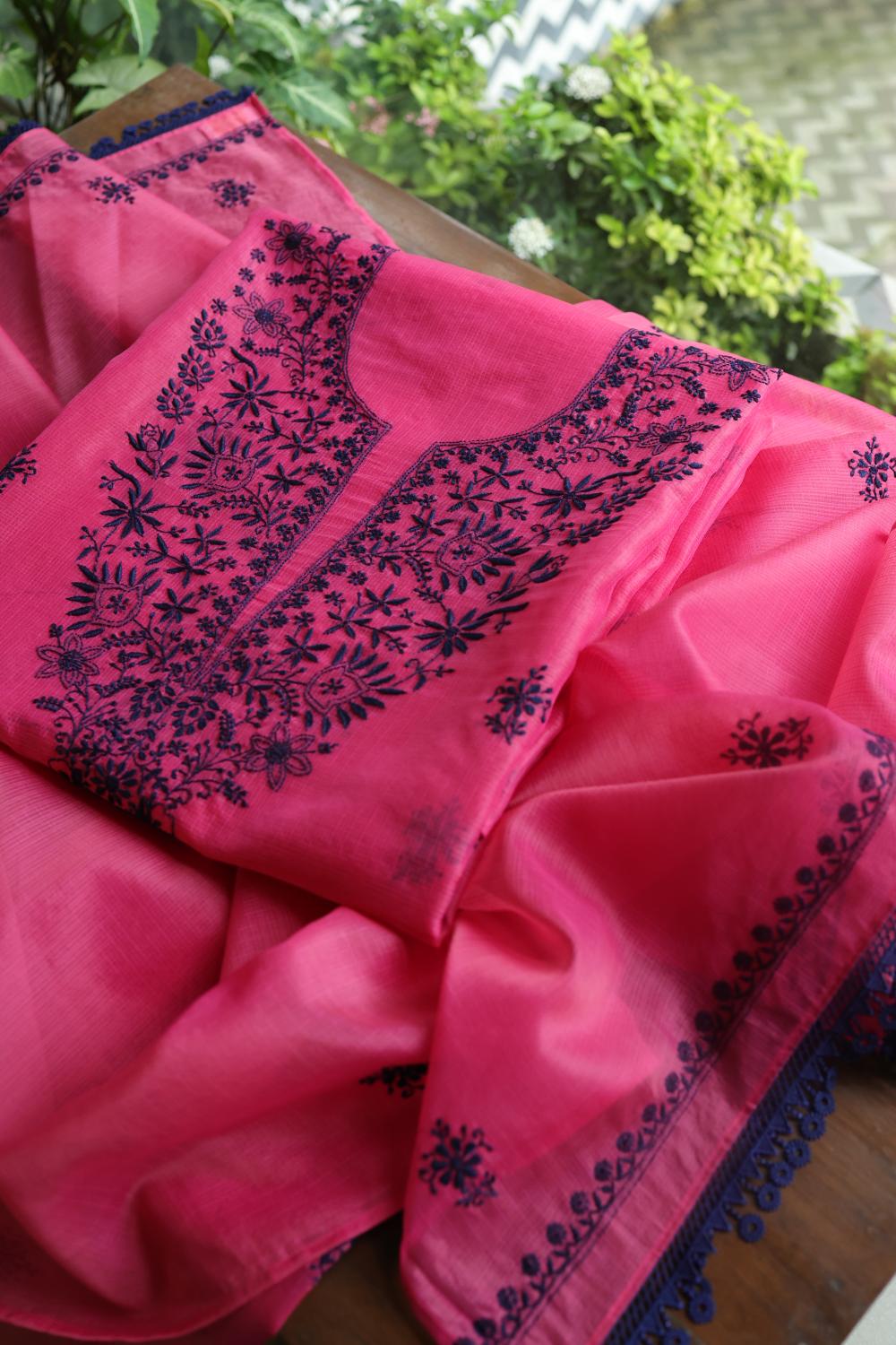 Magenta & Blue Kota Chikankari Unstitched Fabric