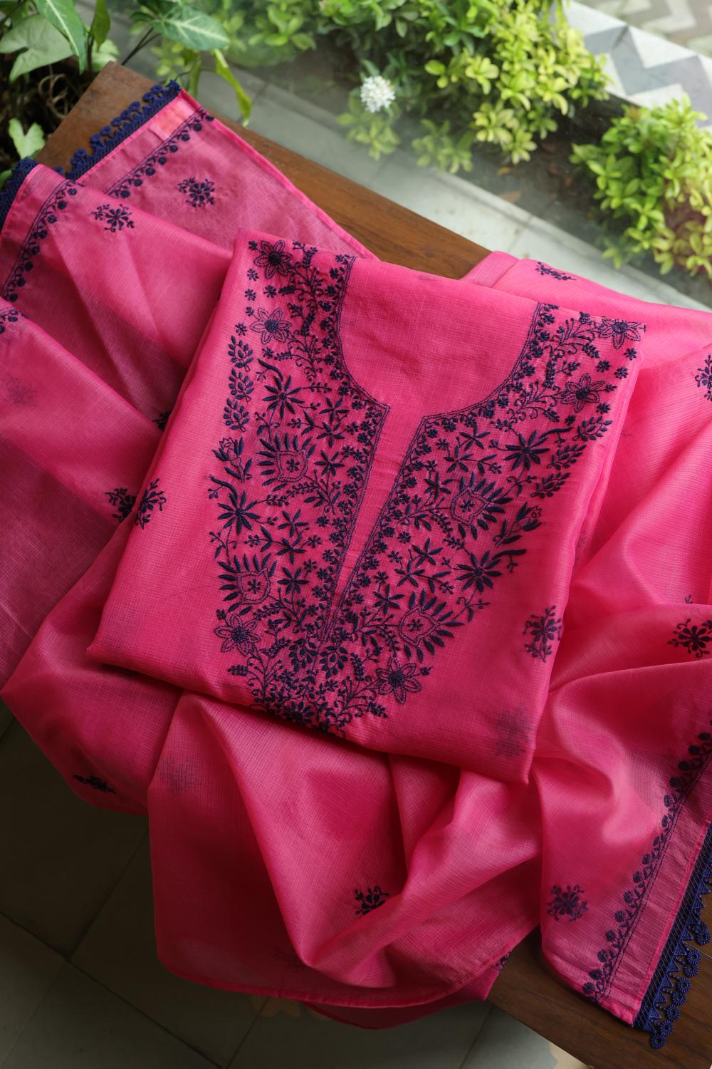 Magenta & Blue Kota Chikankari Unstitched Fabric