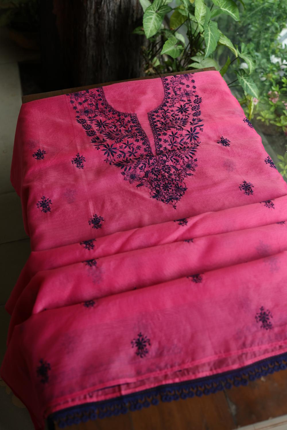 Magenta & Blue Kota Chikankari Unstitched Fabric