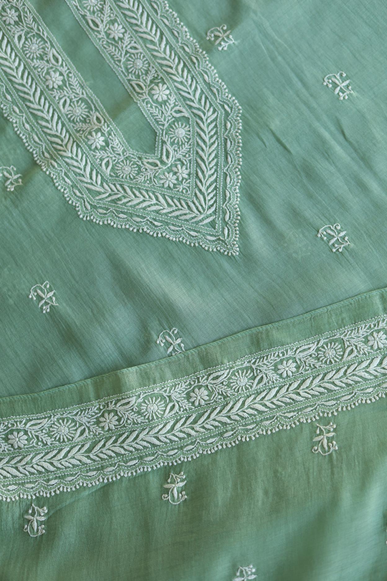 Green Mulmul Chikankari Unstitched Men's Kurtas Fabrics