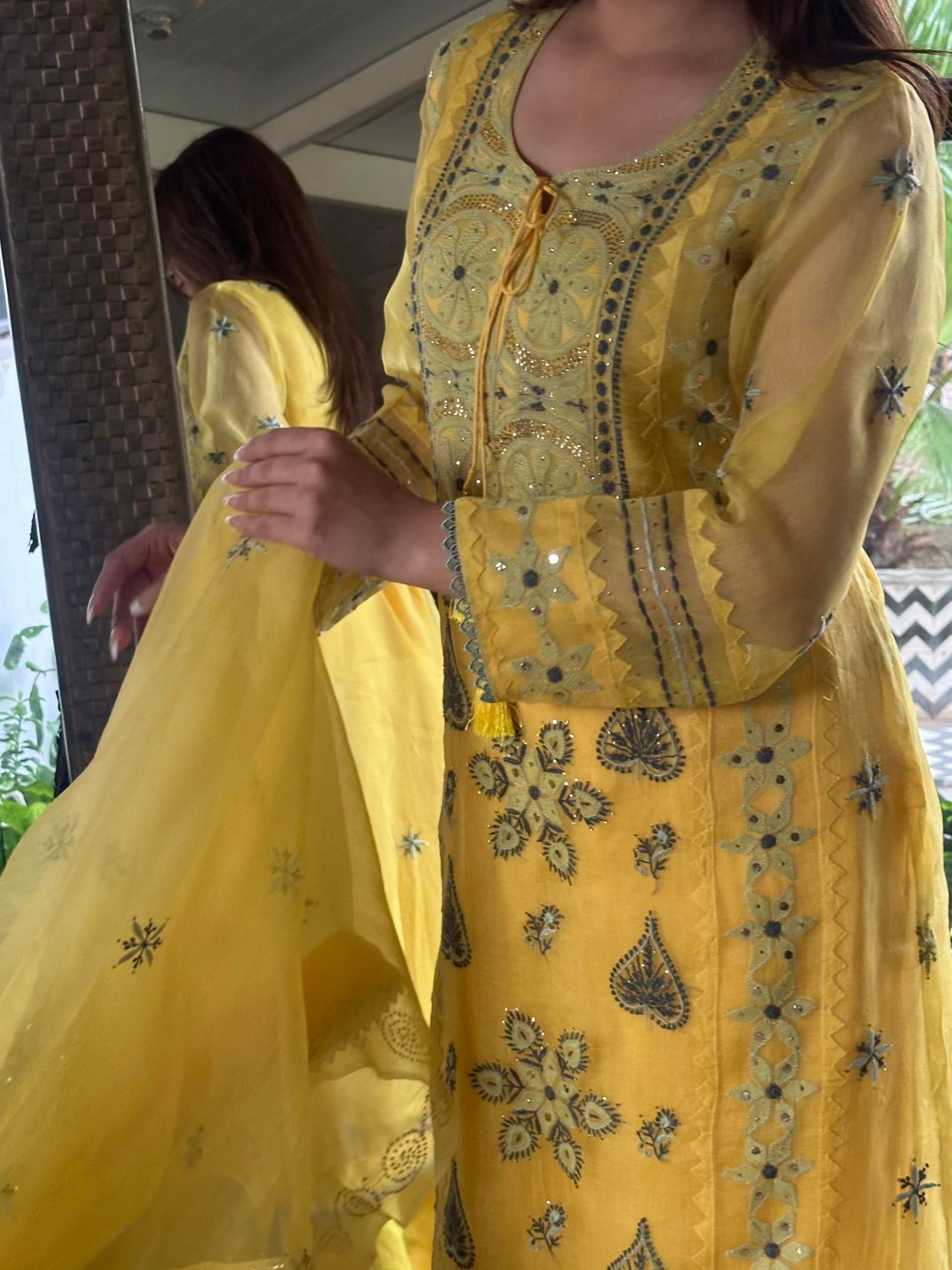 Mango Yellow Noor Organza Silk Chikankari Kurta Dupatta Set With Mukaish Kamdani