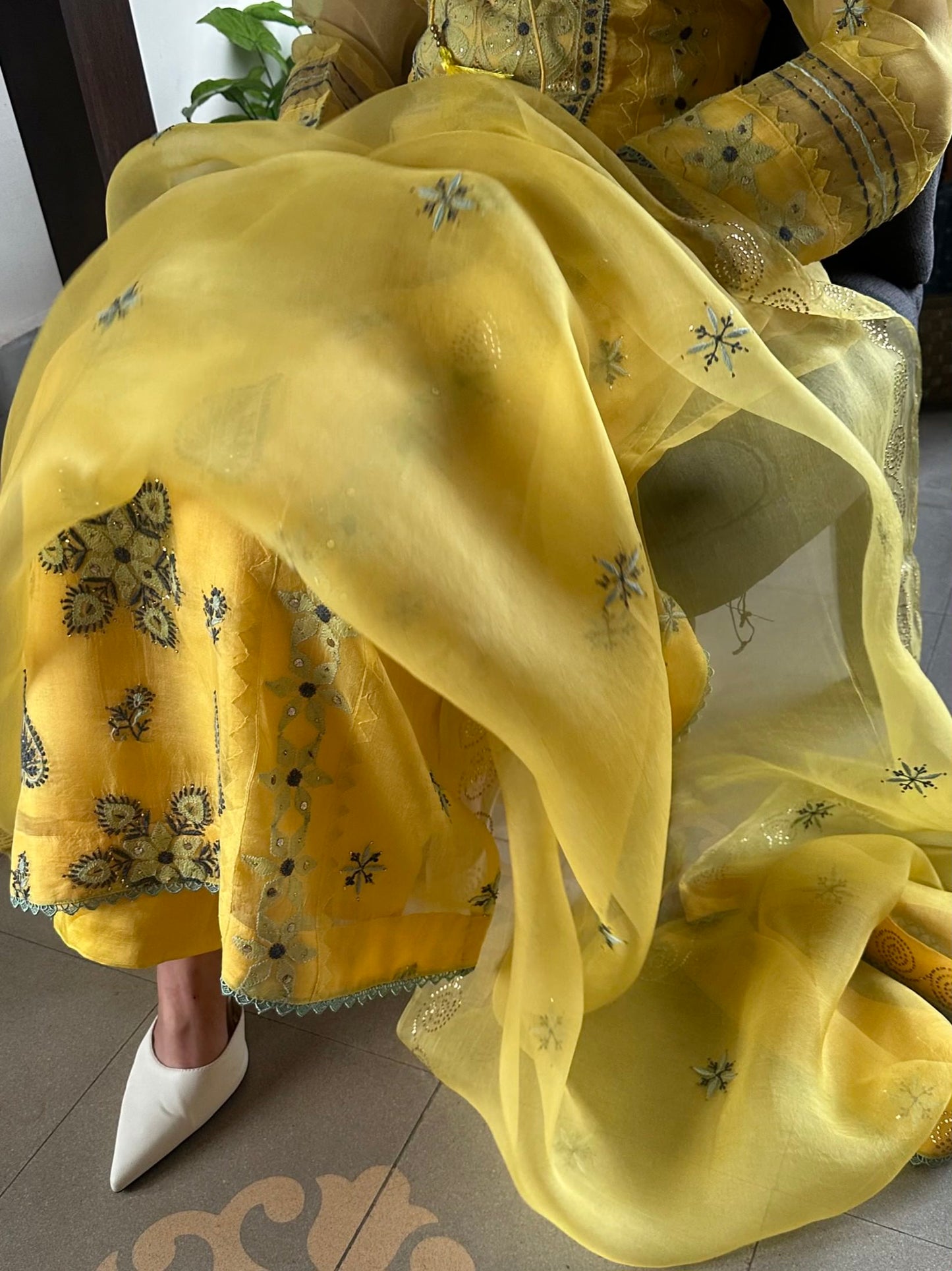 Mango Yellow Noor Organza Silk Chikankari Kurta Dupatta Set With Mukaish Kamdani
