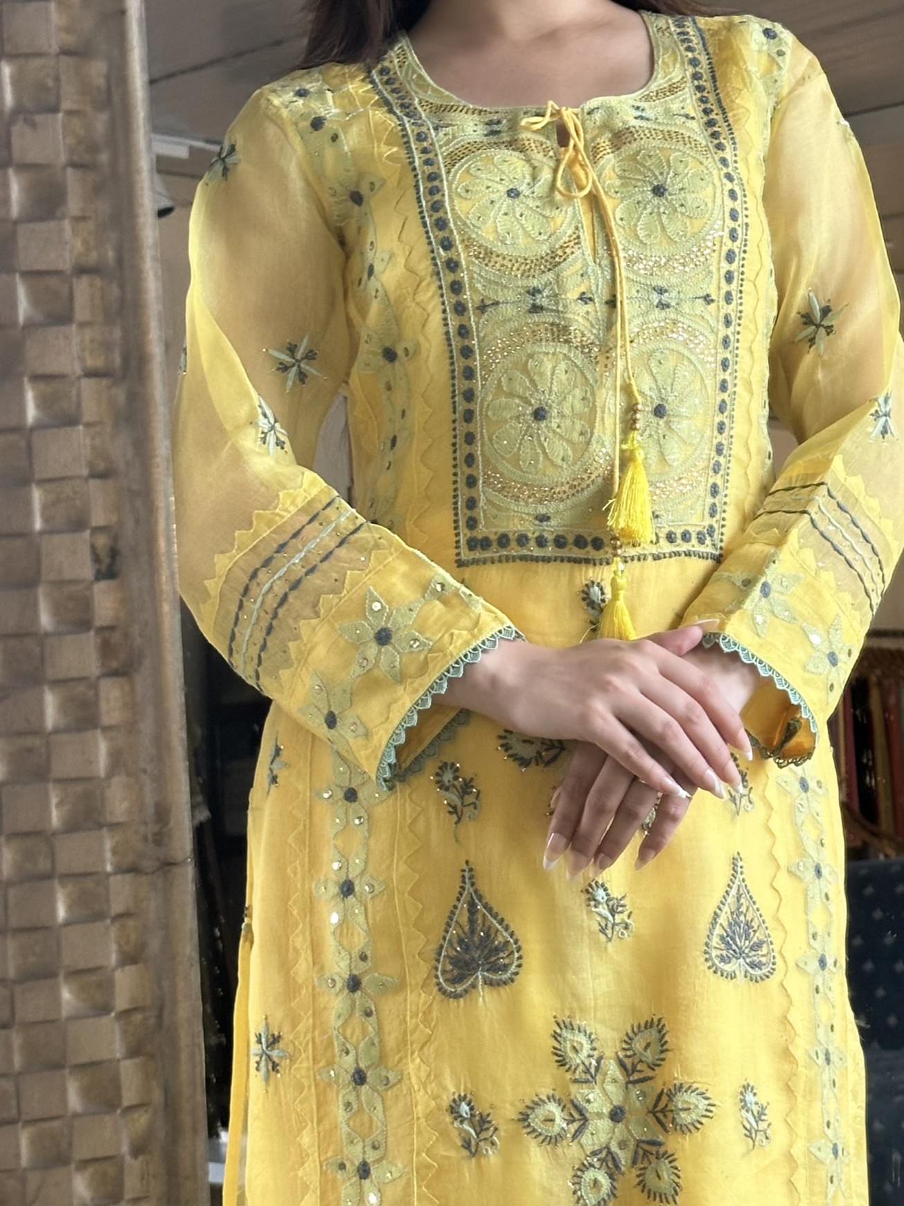Mango Yellow Noor Organza Silk Chikankari Kurta Dupatta Set With Mukaish Kamdani