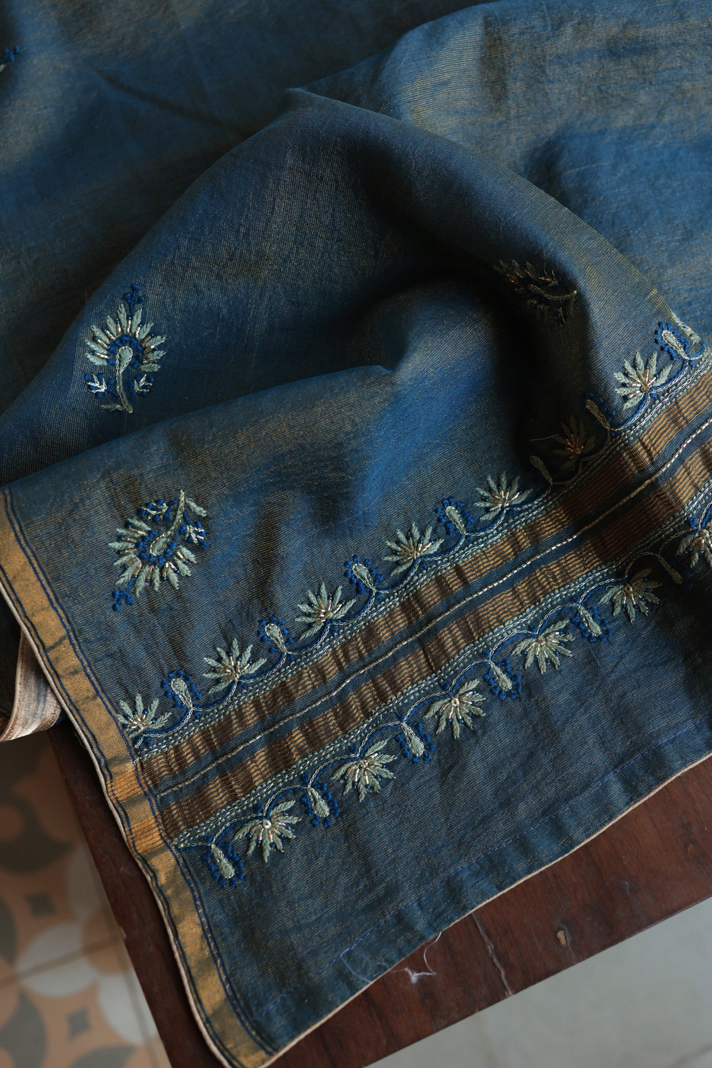 Marble Blue Roheen Tissue Silk Chikankari Unstitched Fabric