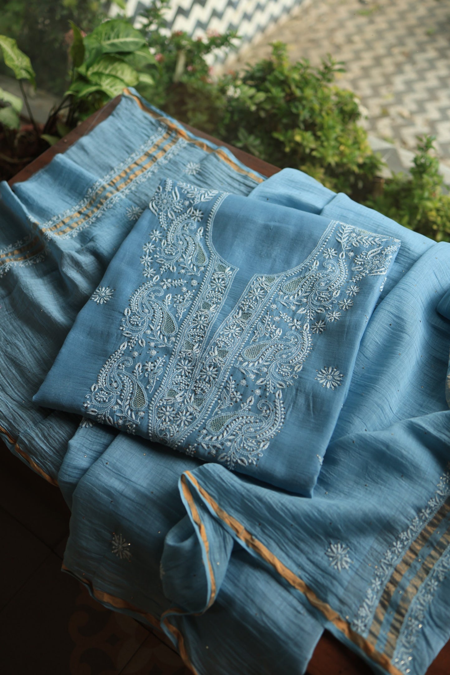 Marble Blue Shade Mal Cotton Chikankari Unstitched Fabrics With Kamdani