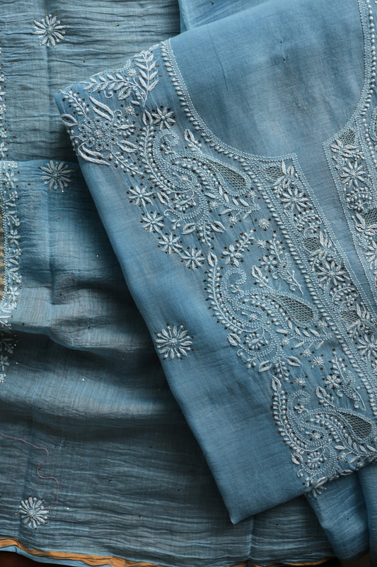 Marble Blue Shade Mal Cotton Chikankari Unstitched Fabrics With Kamdani