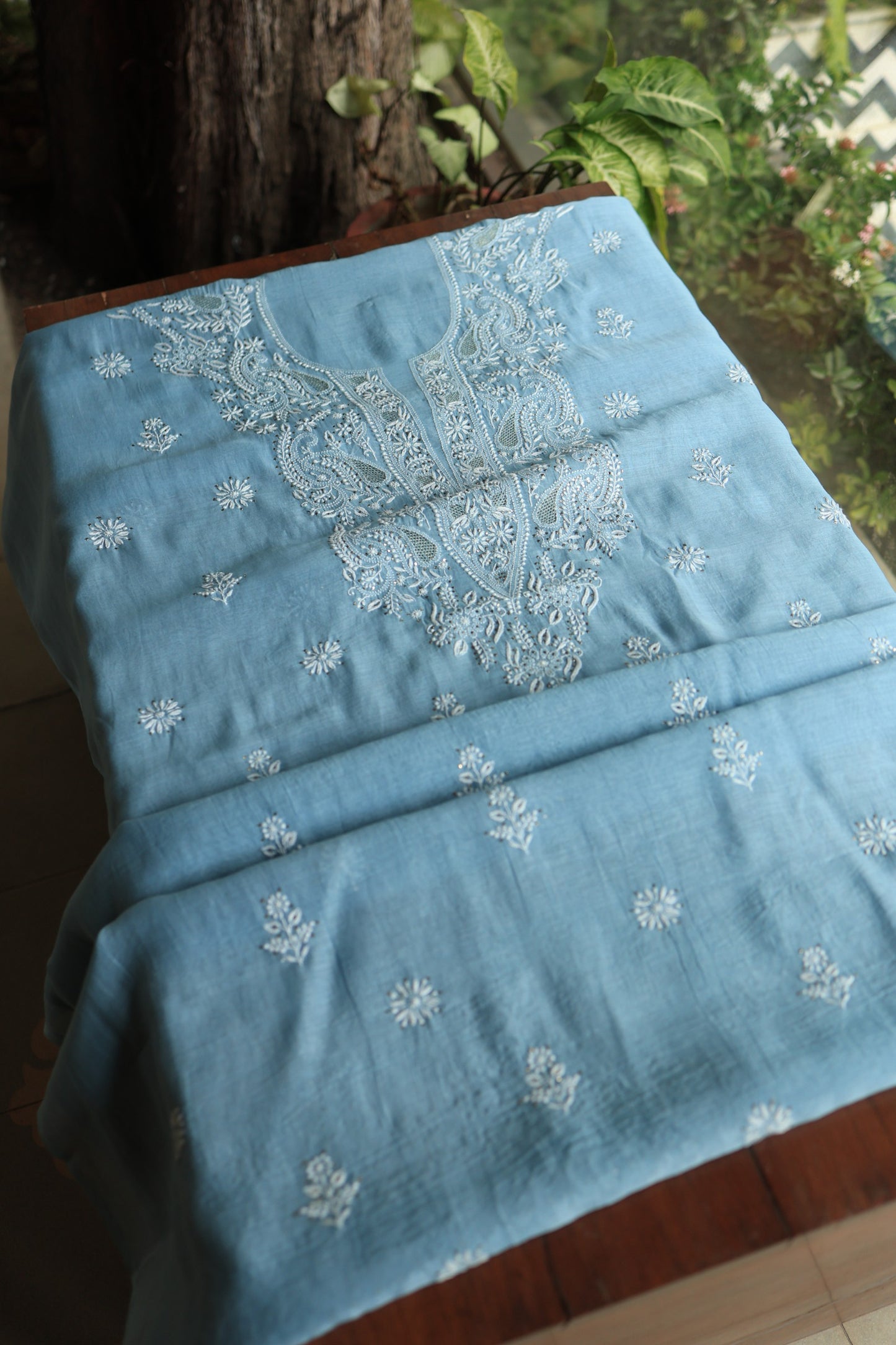 Marble Blue Shade Mal Cotton Chikankari Unstitched Fabrics With Kamdani