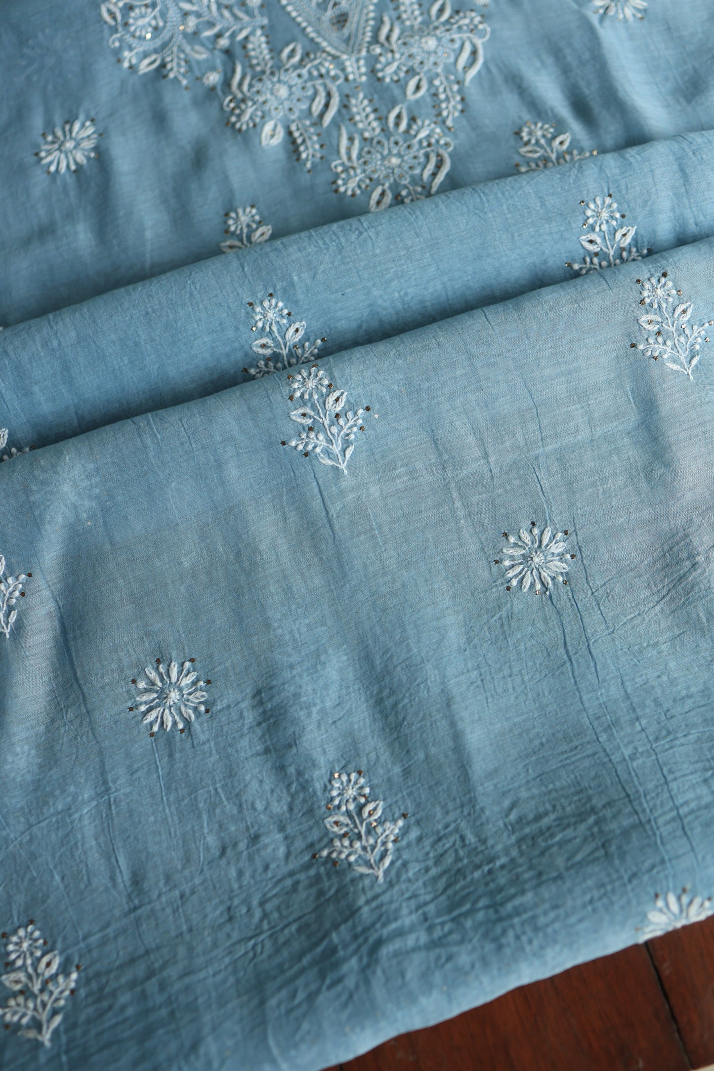 Marble Blue Shade Mal Cotton Chikankari Unstitched Fabrics With Kamdani