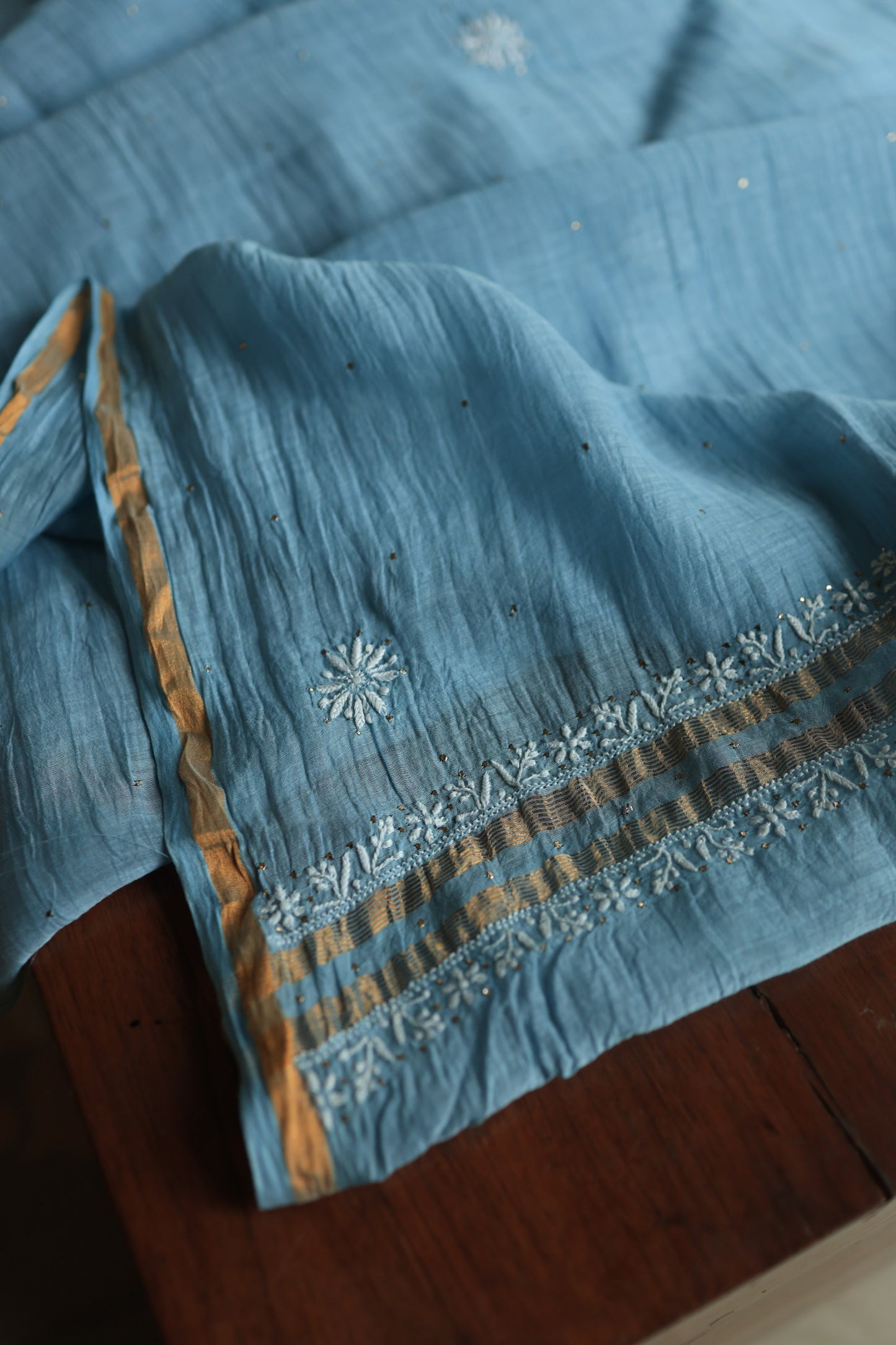 Marble Blue Shade Mal Cotton Chikankari Unstitched Fabrics With Kamdani