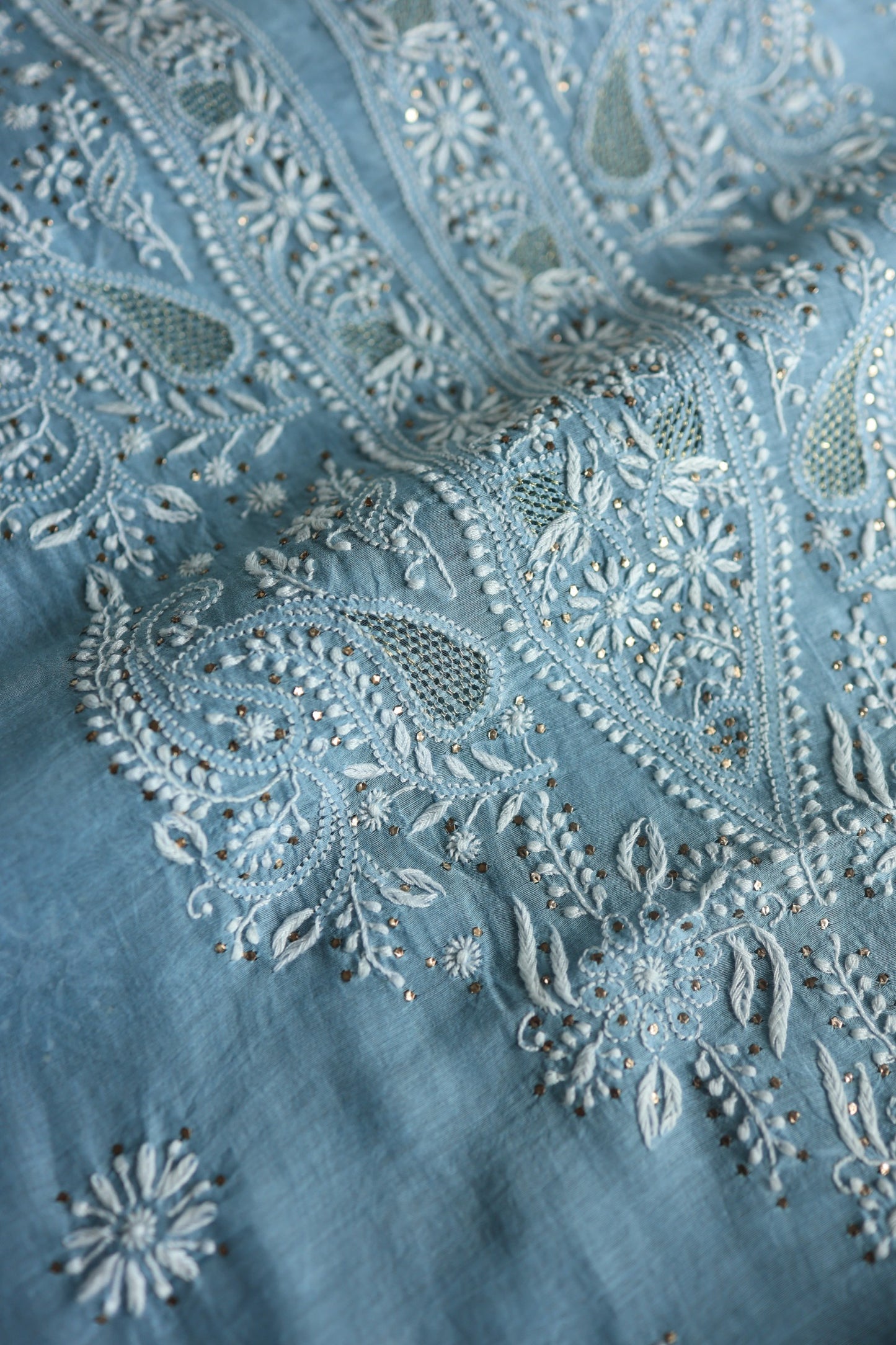 Marble Blue Shade Mal Cotton Chikankari Unstitched Fabrics With Kamdani